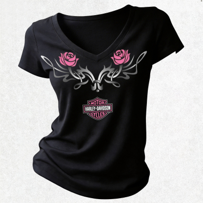  Motorcycles Printed Women's V-neck Pleated Waist Fitted T-shirt