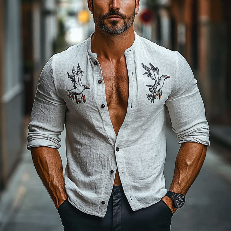 Men's Cotton and Linen Embroidered Round Neck Long Sleeve Shirt 