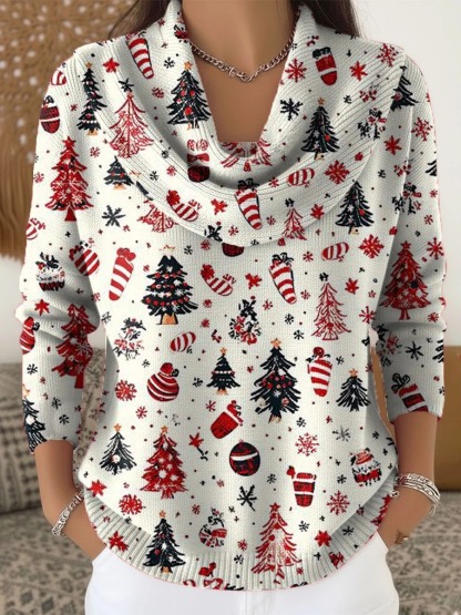 Women's Christmas Tree Art Print Buttoned Cardigan Sweater