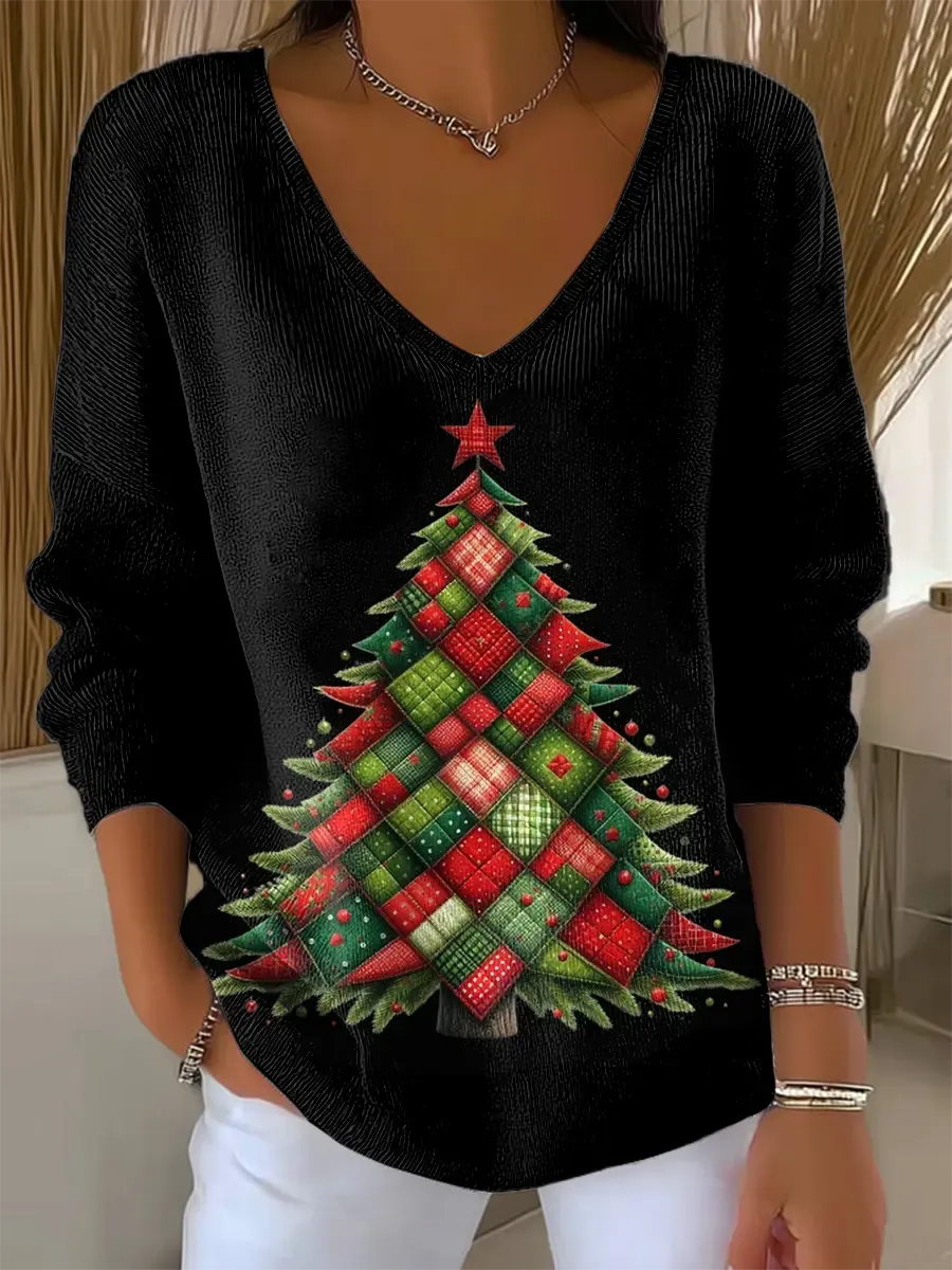 Women's Vintage Christmas Tree Art Print V-neck Loose Sweater