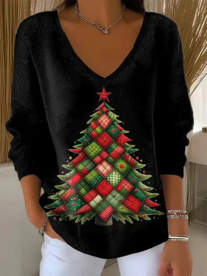 Women's Vintage Christmas Tree  Art Print V-neck  Loose  Sweater