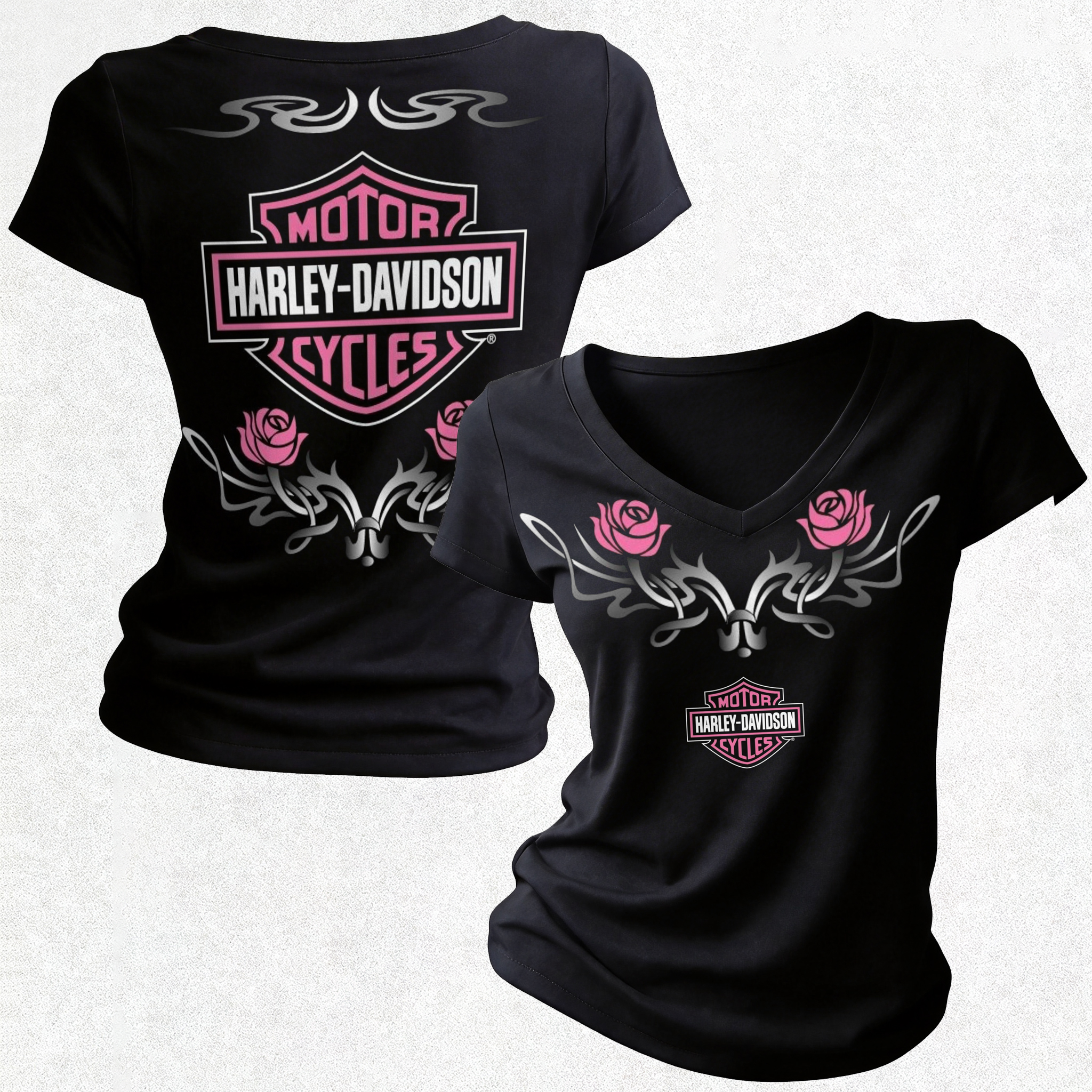  Motorcycles Printed Women's V-neck Pleated Waist Fitted T-shirt