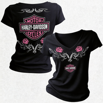  Motorcycles Printed Women's V-neck Pleated Waist Fitted T-shirt