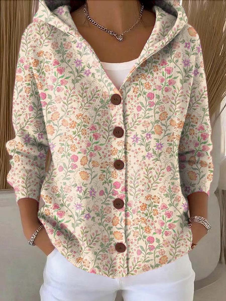 Women's Vintage Floral Pattern Art Printed Casual Hooded Button Sweater