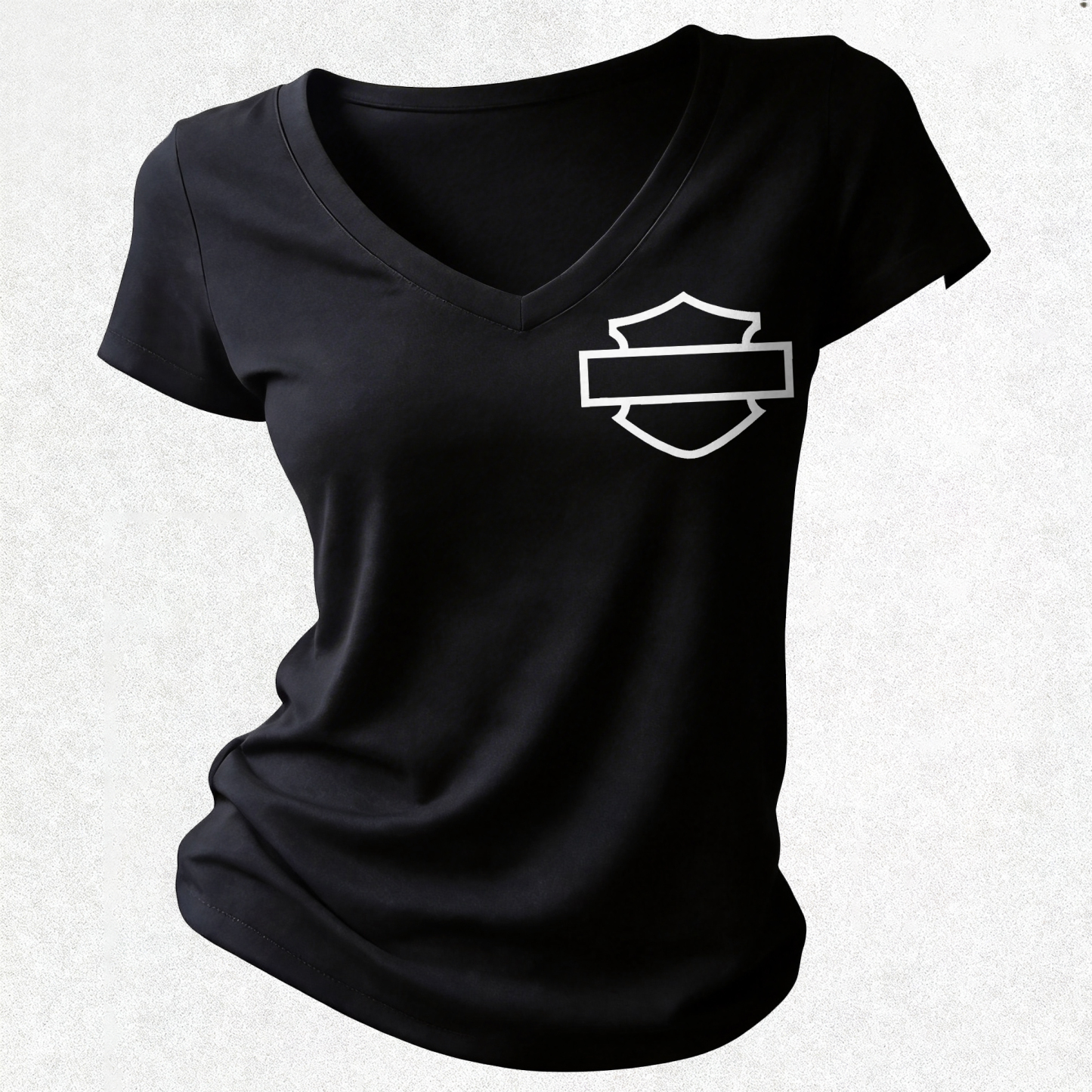  Engine Printed Women's V-neck Pleated Waist Fitted T-shirt