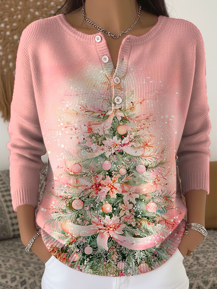 Women's Christmas Tree Art Print Buttoned Cardigan Sweater