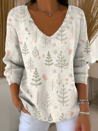 Women's Christmas Tree Pattern Print Casual Pullover Sweater