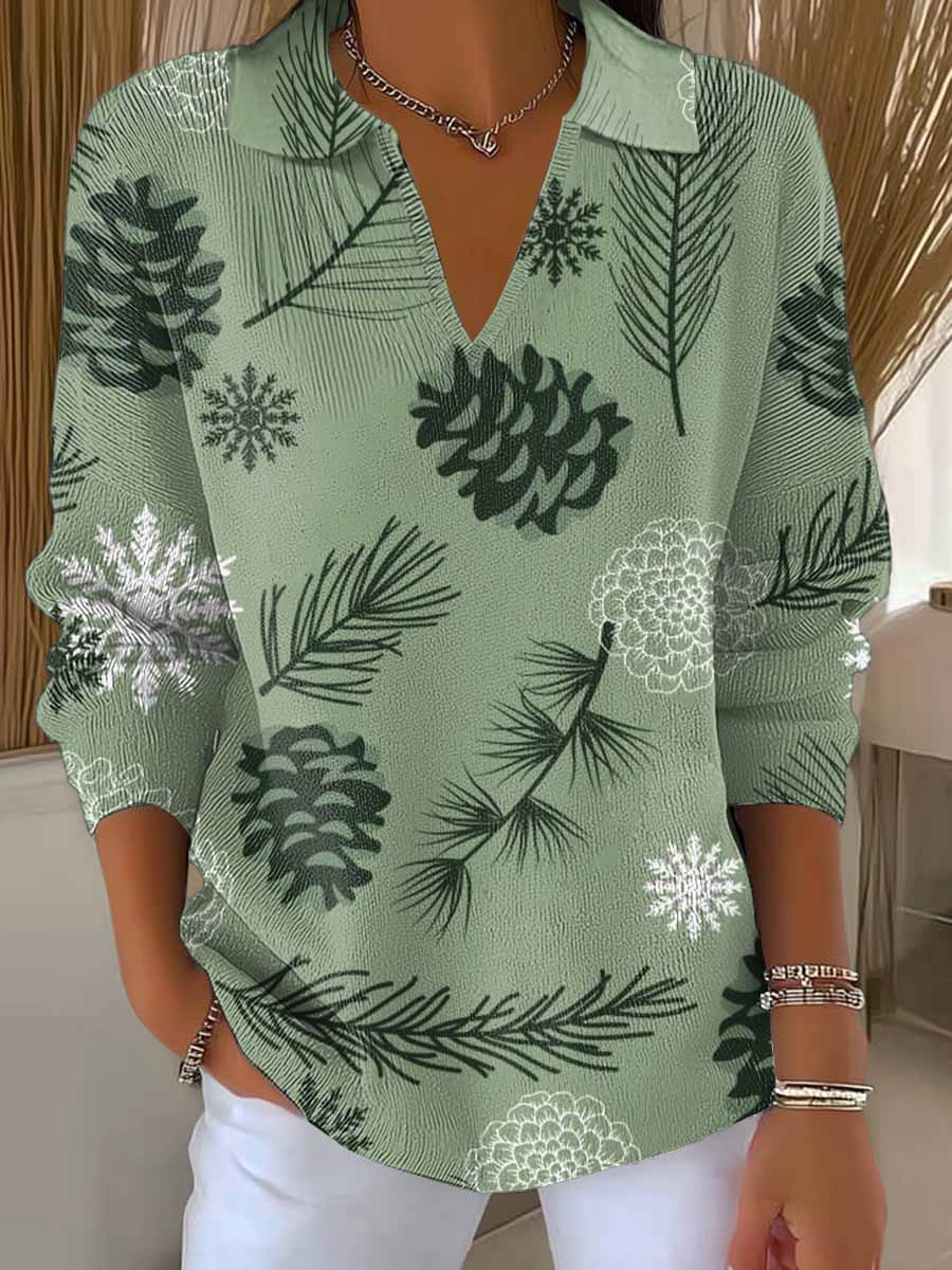 Women's Christmas Print Lapel Long Sleeve Knitted Pullover Sweater