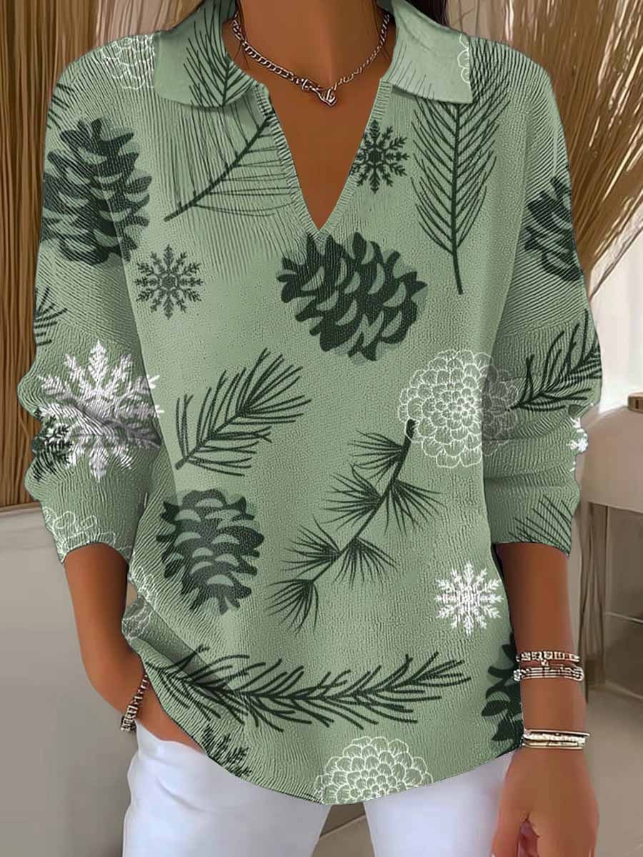 Women's Christmas Print Lapel Long Sleeve Knitted Pullover Sweater
