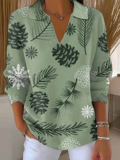 Women's Christmas Print Lapel Long Sleeve Knitted Pullover Sweater