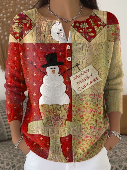 Women's Christmas Pattern Art Print Buttoned Cardigan Sweater