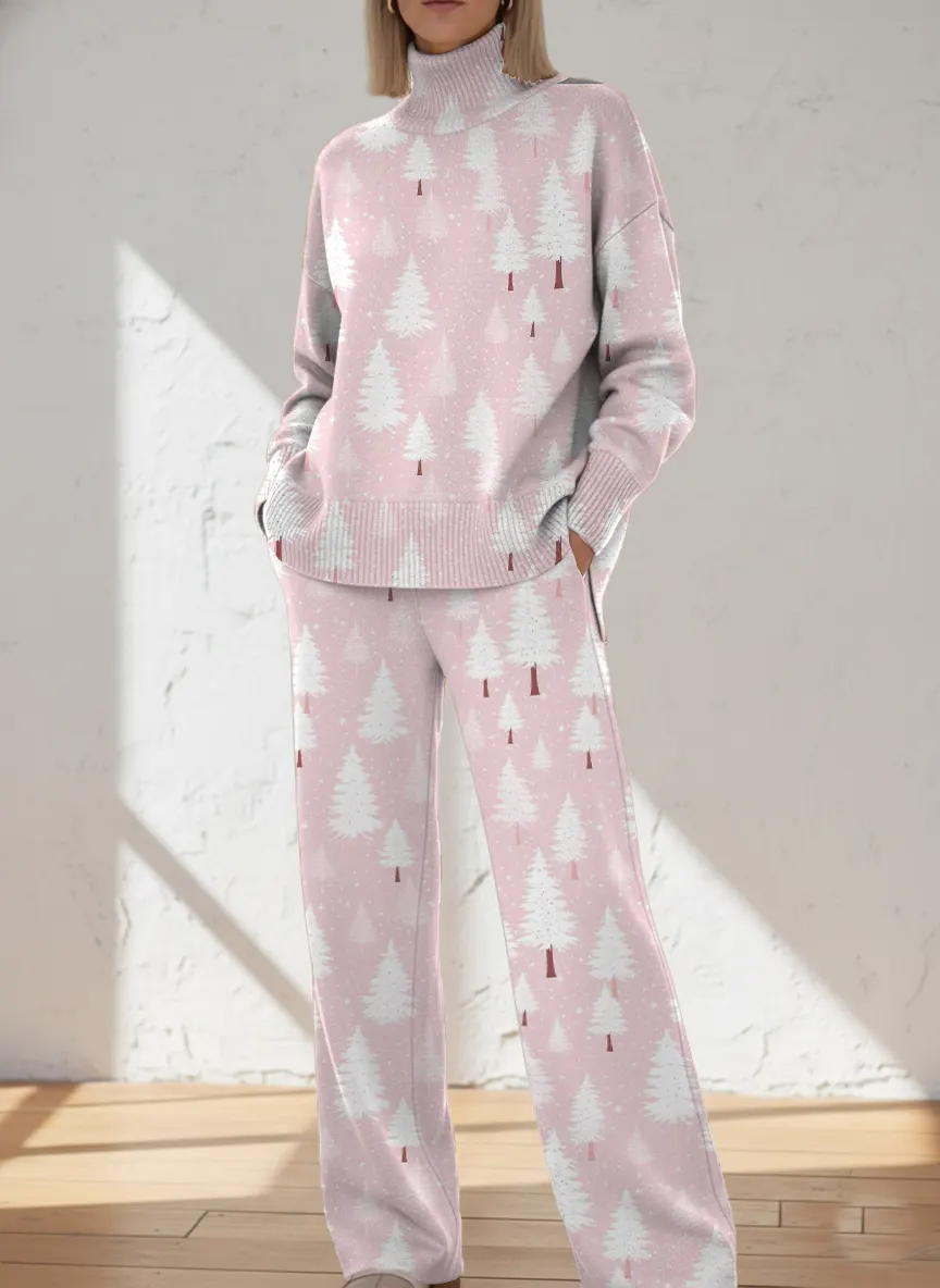 Retro Pink Christmas Tree Printed Casual High-neck Top And Straight-leg Pants Set