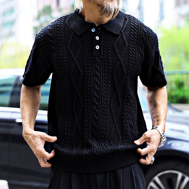Men's Retro Casual Solid Color Knitted Short-Sleeved Polo Shirt ASW2239D5TO