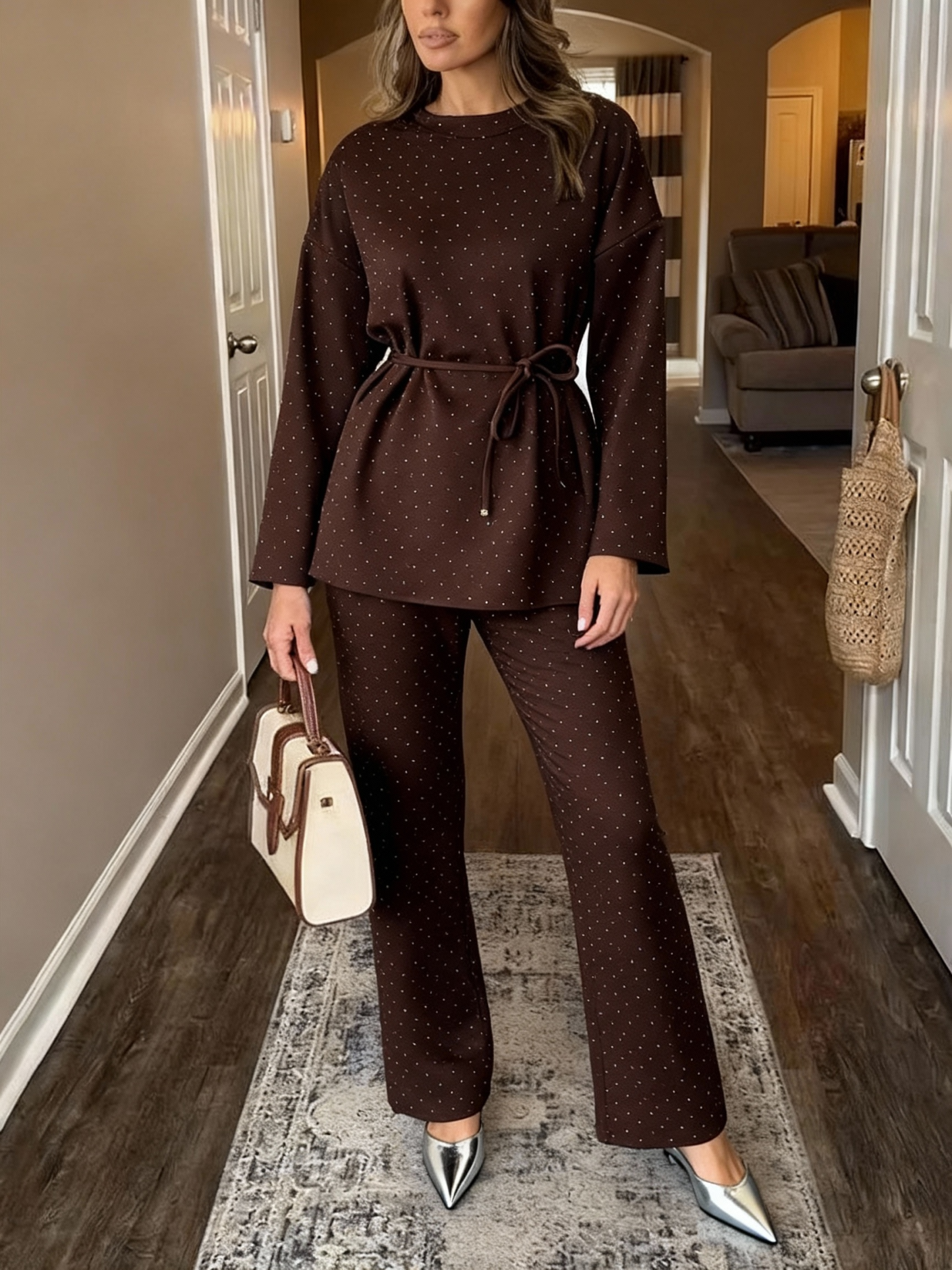 Women's fashionable casual polka dot print long sleeved two piece set