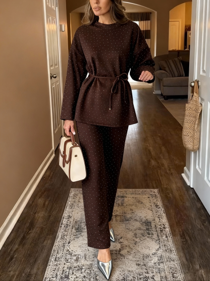 Women's fashionable casual polka dot print long sleeved two piece set