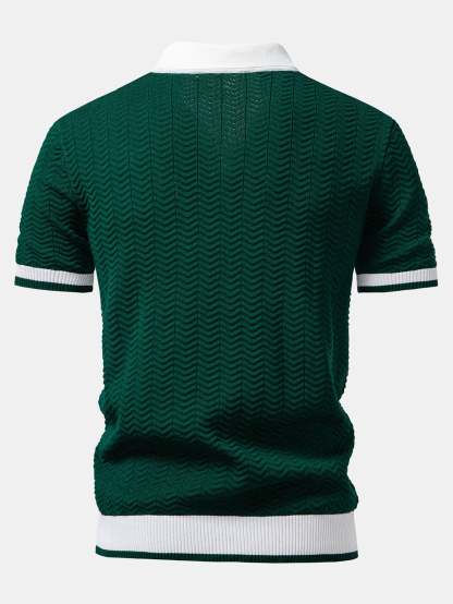 Texture Contrast Knitted V Neck Polo Shirt & Straight Leg Ribbed Pants