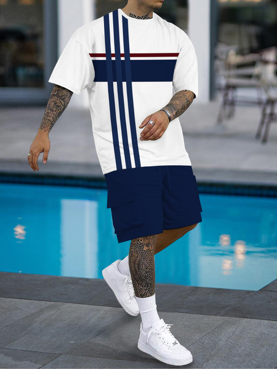 Men's fashion casual color matching printed short sleeve pocket shorts two-piece set