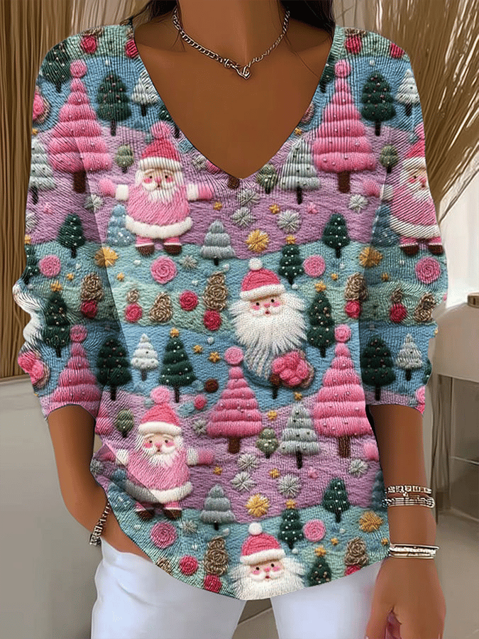Women's Retro Christmas Santa Claus Print Long Sleeve Top