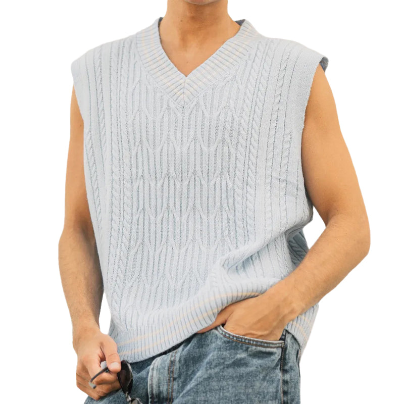 Men's Casual Cable Knitted V-Neck Vest ASW2334D0X