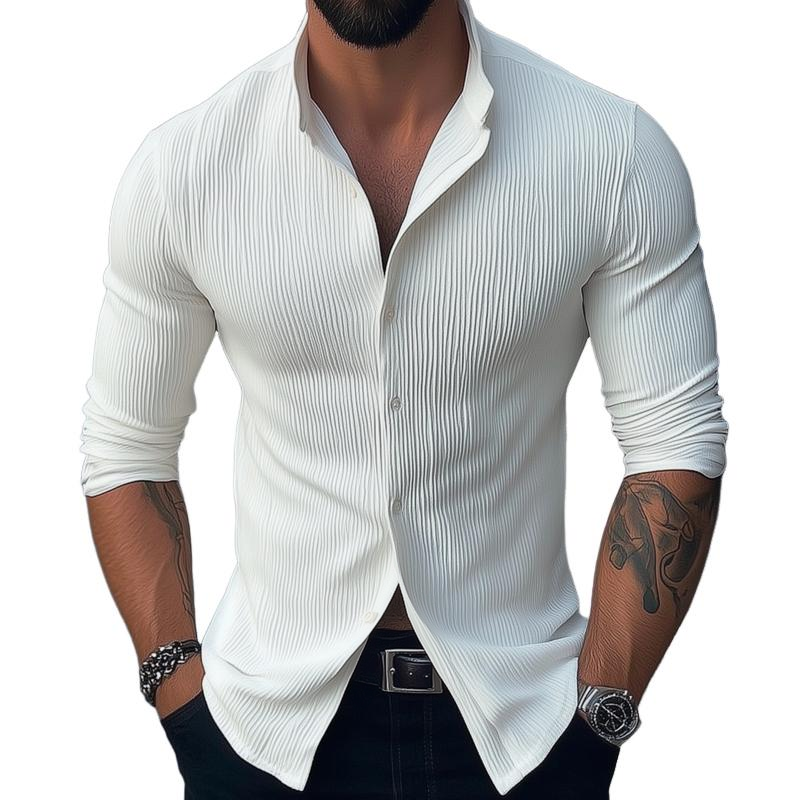 Men's Solid Color Stand Collar Long Sleeve Casual Shirt 
