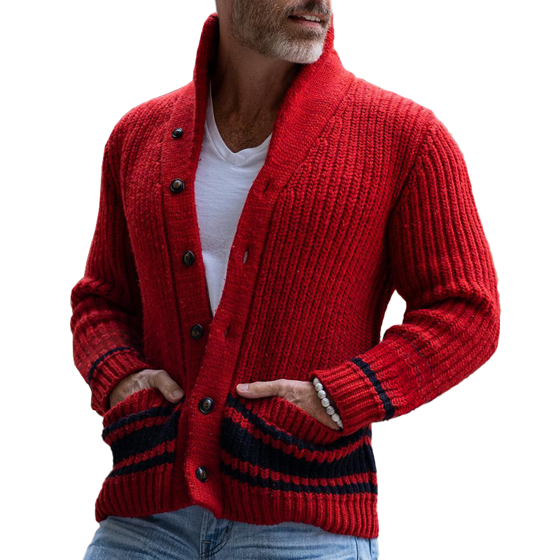 Men's Vintage Color Block Striped Lapel Single-breasted Knit Cardigan