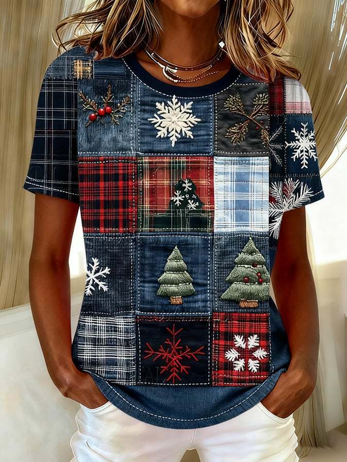 Women's casual patchwork printed Christmas T-shirt