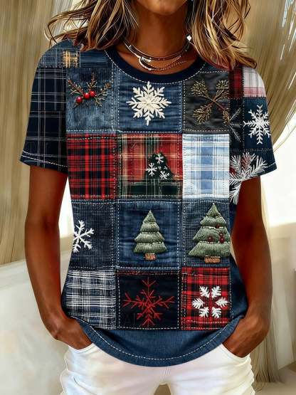 Women's casual patchwork printed Christmas T-shirt