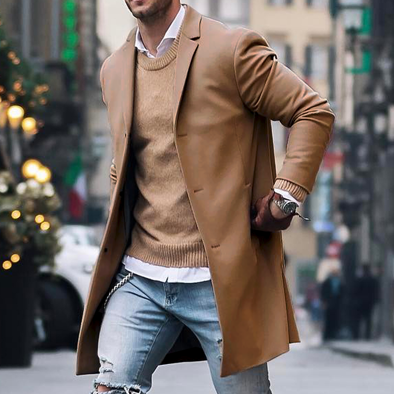 Men's Notch Lapel Single Breasted Mid-length Coat 