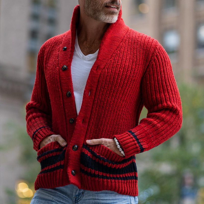 Men's Vintage Color Block Striped Lapel Single-breasted Knit Cardigan