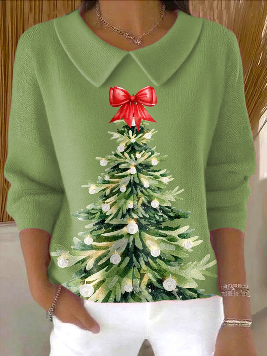 Women's Christmas Tree Art Print Casual Pullover Sweater