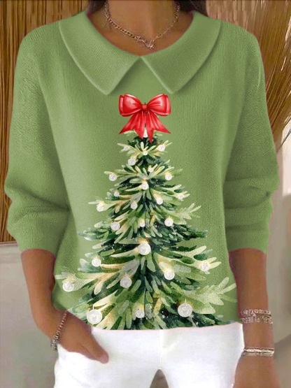 Women's Christmas Tree Art Print Casual Pullover Sweater