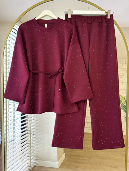 Women's fashionable casual polka dot print long sleeved two piece set