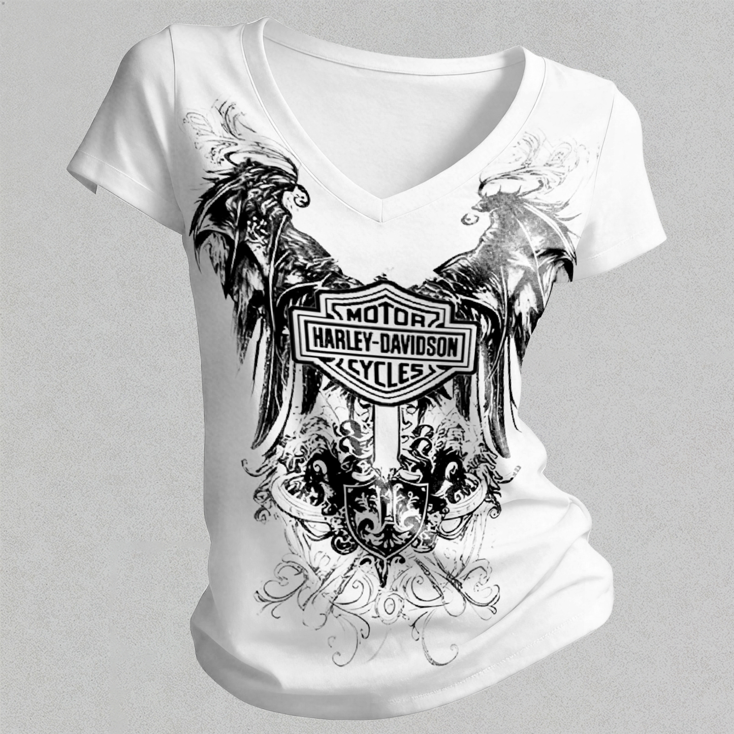  Motorcycles Printed Women's V-neck Pleated Waist Fitted T-shirt