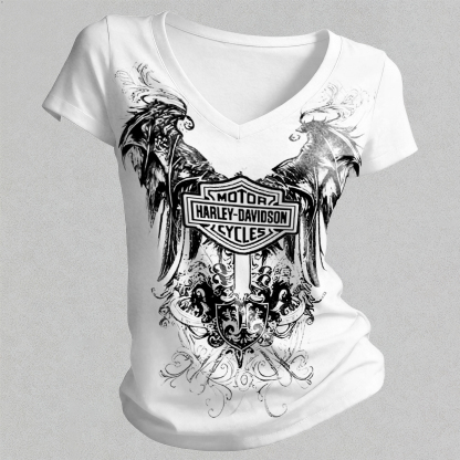  Motorcycles Printed Women's V-neck Pleated Waist Fitted T-shirt