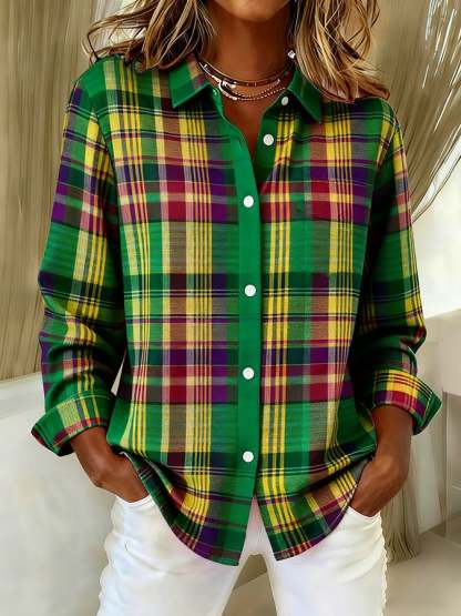 Women's  Vintage Christmas Plaid Art Print Casual Cotton Shirt