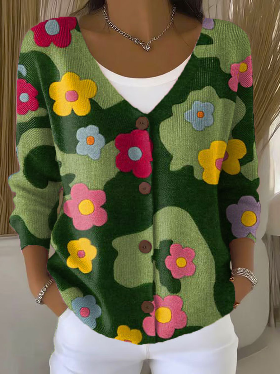 Vintage Flower  Art Print Buttoned V-neck Cardigan Sweater