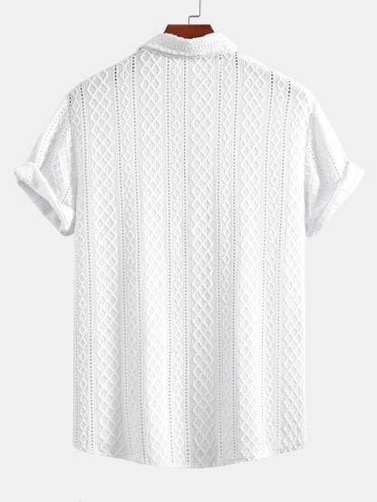 Geometry Rhombus Jacquard Button Up Shirt & Crinkle Textured Straight Leg Pants