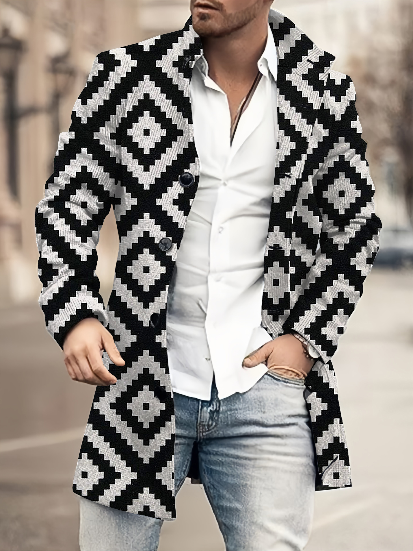 Men's fashion geometric print mid-length coat