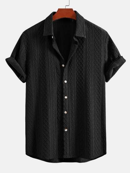 Geometry Rhombus Jacquard Button Up Shirt & Crinkle Textured Straight Leg Pants