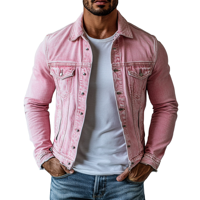 Men's Vintage Washed Lapel Multi Pocket Denim Jacket 