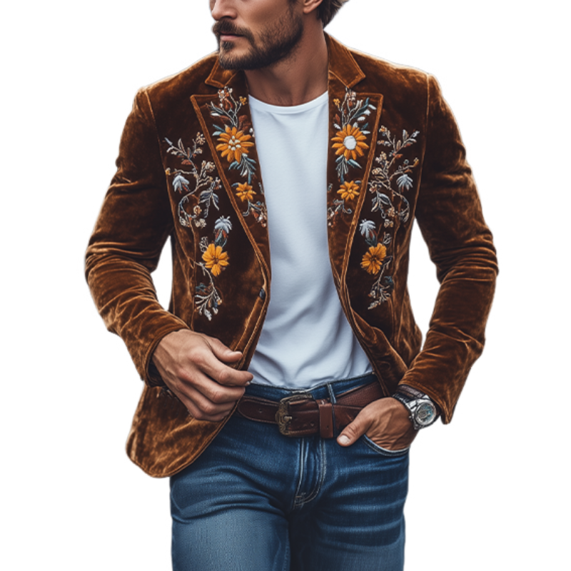 Men's Classic Retro Slim Fit Single Breasted Velvet Embroidered Blazer