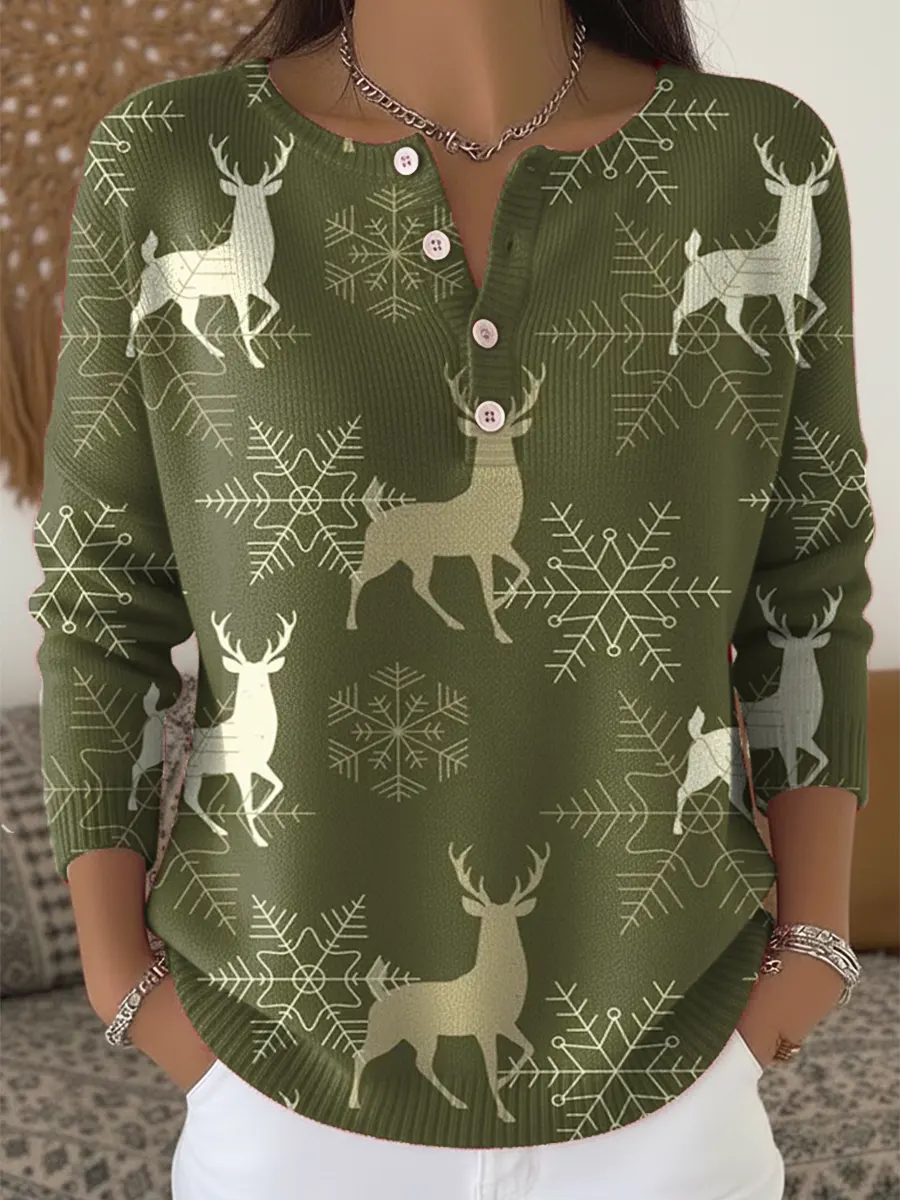 Women's Christmas Deer Pattern Art Print Casual Cardigan Sweater