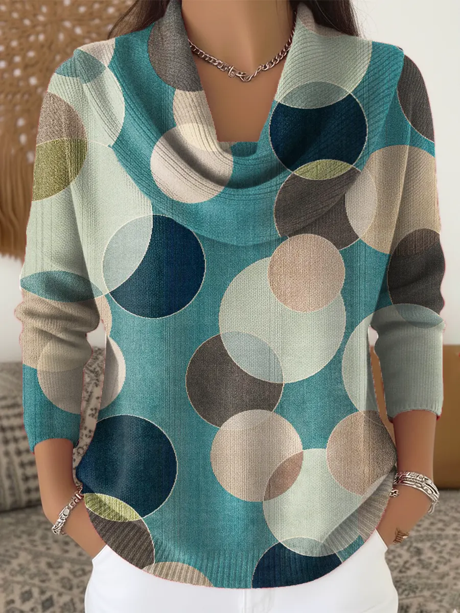 Women's Geometric Pattern Art Print Cowl Neck Sweater