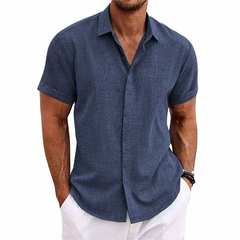 Men's Solid Color Lapel Cotton Linen Short Sleeve Shirt 