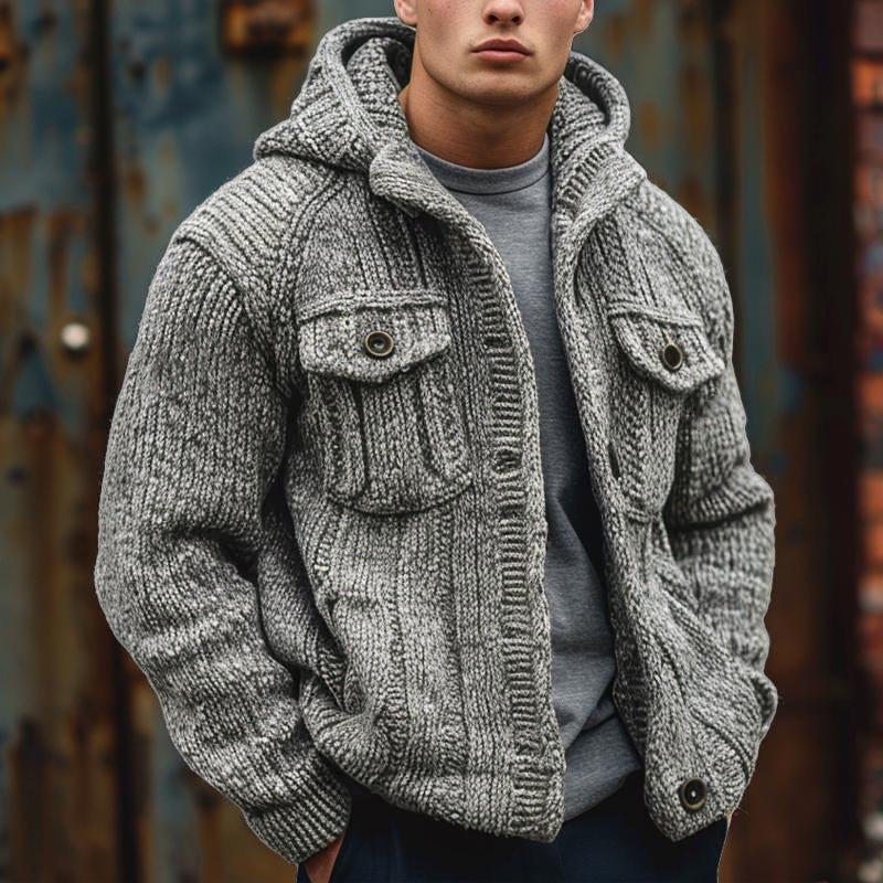 Men's Solid Color Striped Textured Hooded Knitted Cardigan 