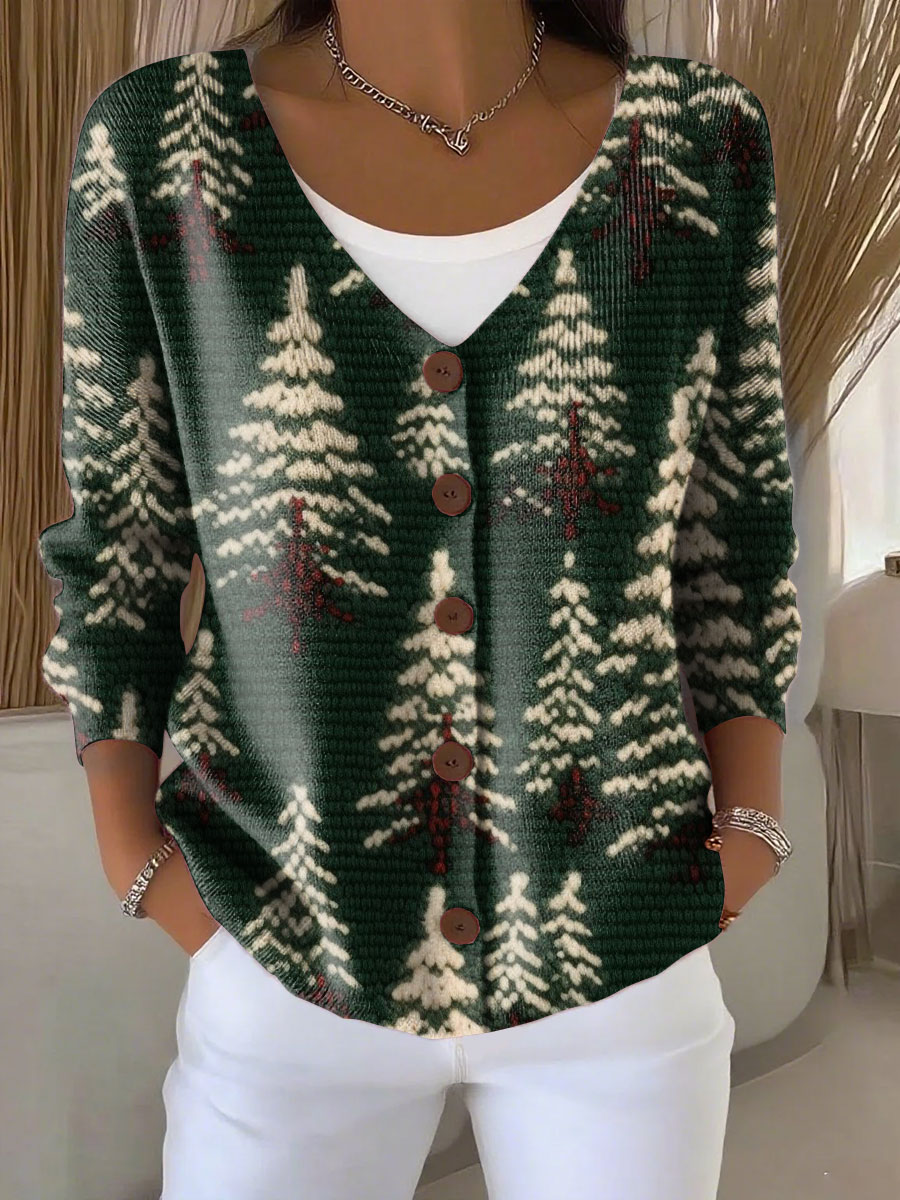 Christmas Tree Print Buttoned V-neck Cardigan Sweater