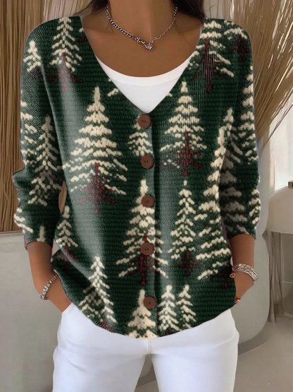 Christmas Tree Print Buttoned V-neck Cardigan Sweater