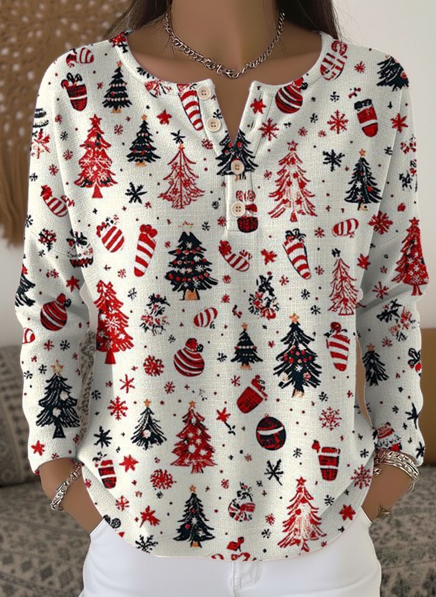 Women's Christmas Tree Art Print Buttoned Cardigan Sweater