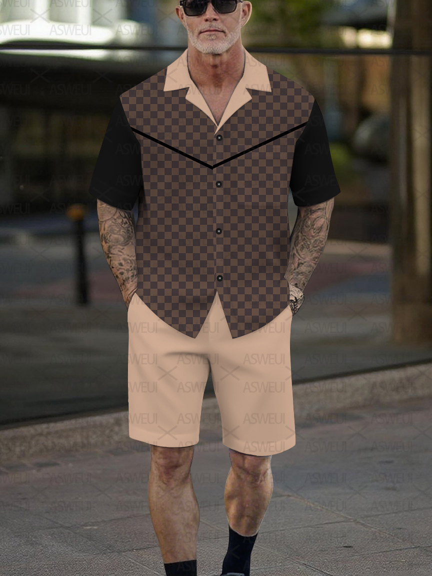 Men's Fashion Casual Geometric Print Short-Sleeved Shirt Set