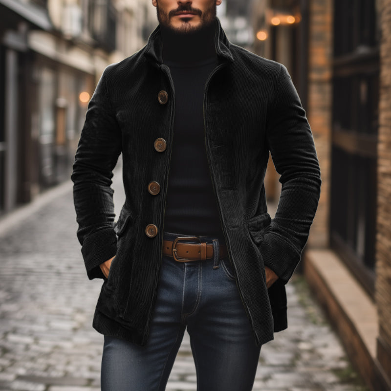 Men's Vintage Corduroy Stand Collar Single Breasted Slim Short Coat 